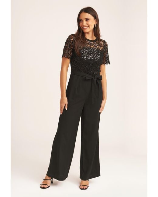 Gini London Black Floral Lace Sequin Belted Occasion