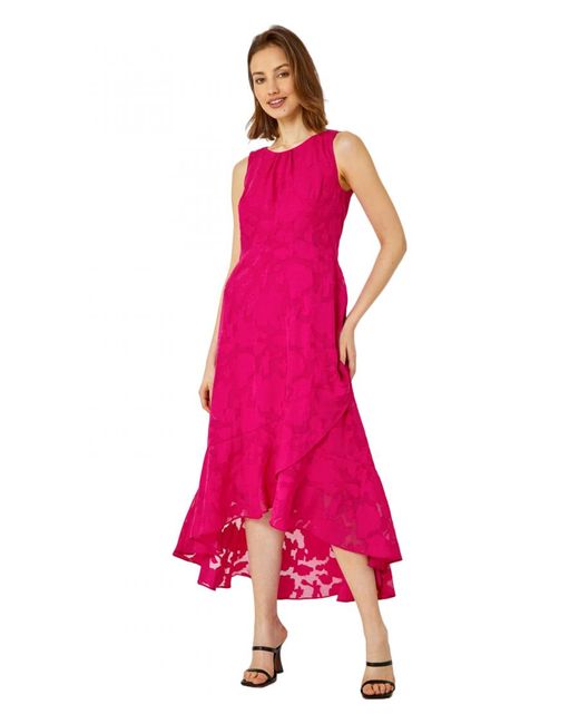 Roman Pink Sleeveless Jacquard Dipped Hem Midi Dress
