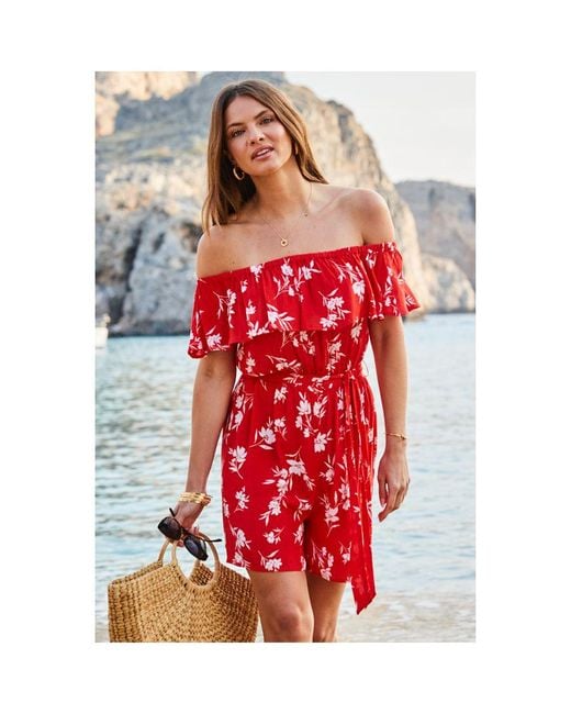 Sosandar Red Floral Print Ruffle Detail Bardot Playsuit Viscose