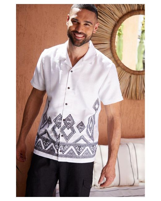 Threadbare White 'Aztlan' Revere Collar Embroidered Short Sleeve Shirt for men