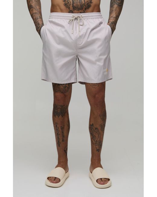 BoohooMAN Gray Tall St Tropez Placement Print Mid Length Swim Shorts for men