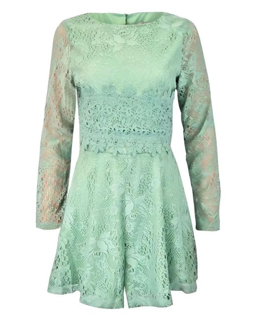 TOPSHOP Green Lace Long Sleeve Playsuit