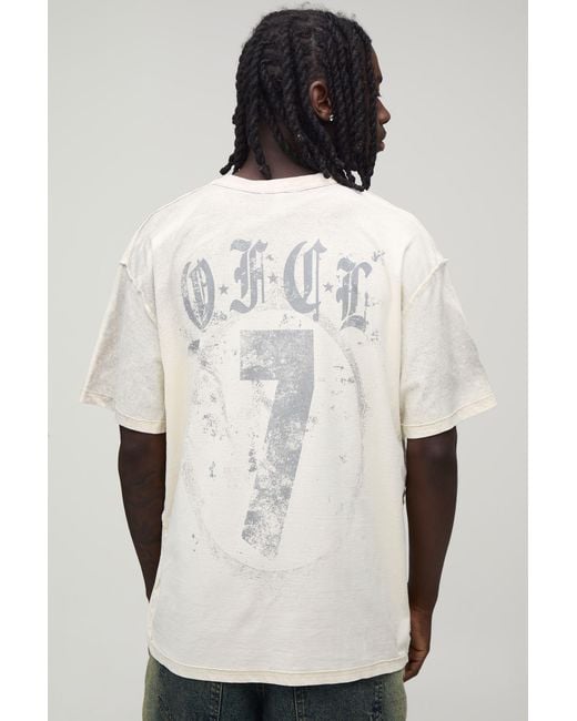 BoohooMAN White Oversized Exposed Seam Print Spray Wash T-Shirt Cotton for men