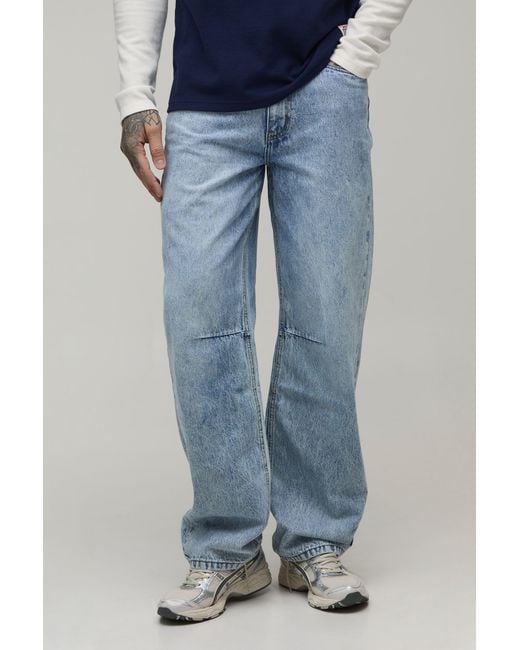 BoohooMAN Blue Tall Relaxed Fit Washed Knee Dart Jeans for men