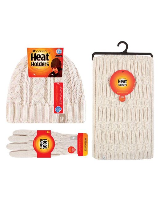 Heat Holders White Ladies Knitted Hat Scarf & Gloves Set