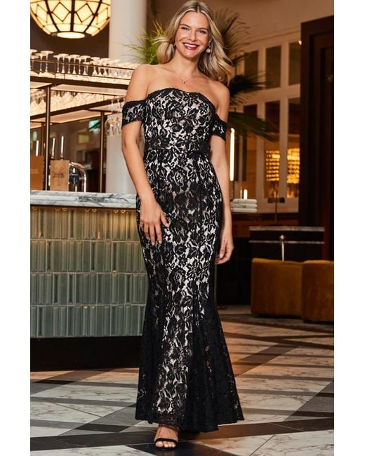 Sosandar Premium Lace Bardot Fit Flare Maxi Dress in Black Lyst UK