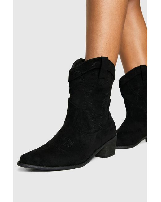 Boohoo Black Wide Fit Faux Suede Stitch Detail Ankle Western Cowboy Boots
