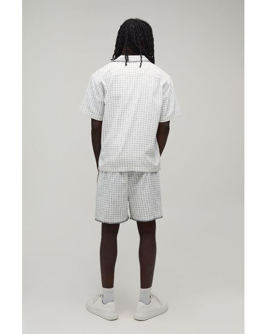 BoohooMAN White Windowpane Check Blanket Stitch Oversized Short Sleeve Shirt & Baggy Set for men