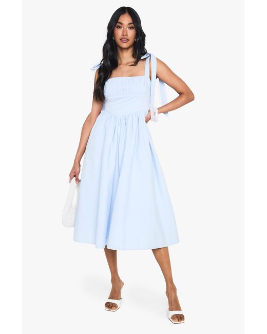 Boohoo Blue Cotton Ruched Bust Shoulder Tie Midi Dress