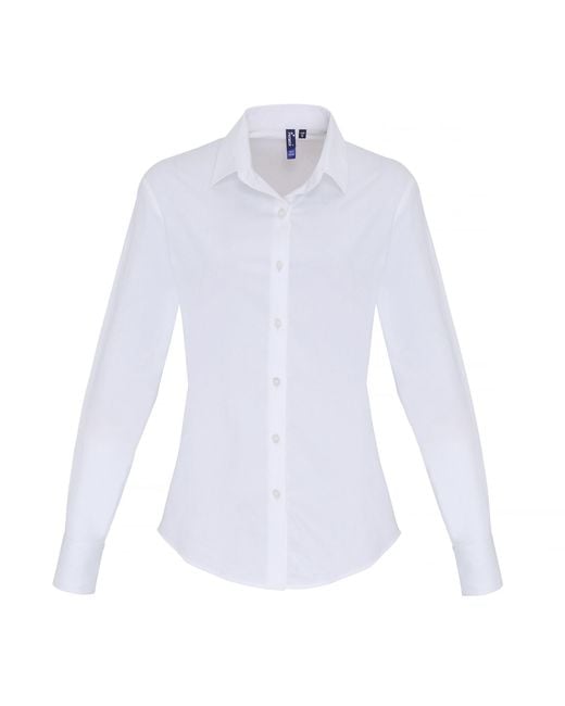 PREMIER White Ladies Stretch Fit Poplin Long Sleeve Blouse