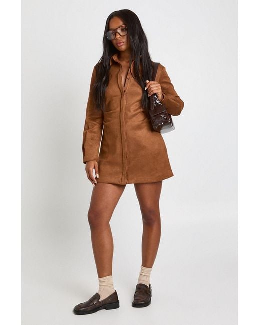 Boohoo Brown Faux Suede Cinched Waist Collared Mini Dress