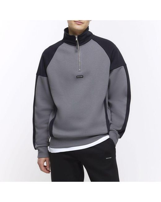 River Island Gray Sweatshirt Black Regular Colour Block Funnel Cotton for men