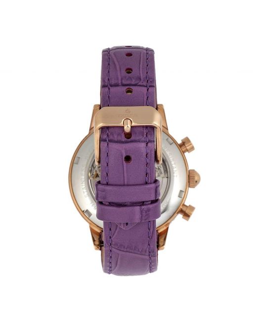 Empress Purple Beatrice Automatic Skeleton Dial Leather-Band Watch W/Day/Date