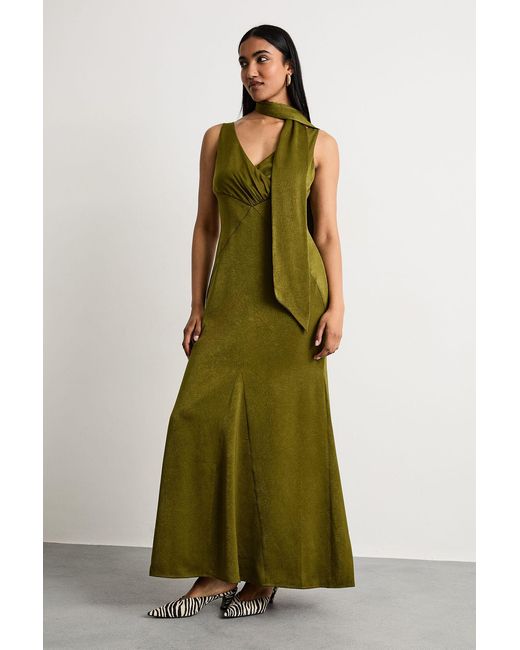 Warehouse Green Plain Scarf Detail Tie Neck Maxi Dress