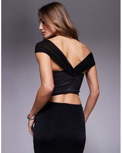 ASOS Black One Shoulder Drape Mesh And Satin Mix Top