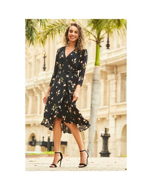 Sosandar Metallic Print Ruffle Hem Midi Wrap Dress