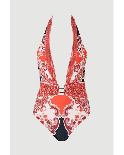 Karen Millen Scarf Mirrored Print Plunge Swimsuit