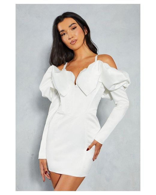 MissPap White Frill Sleeve Bardot Strap Detail Bodycon Mini Dress