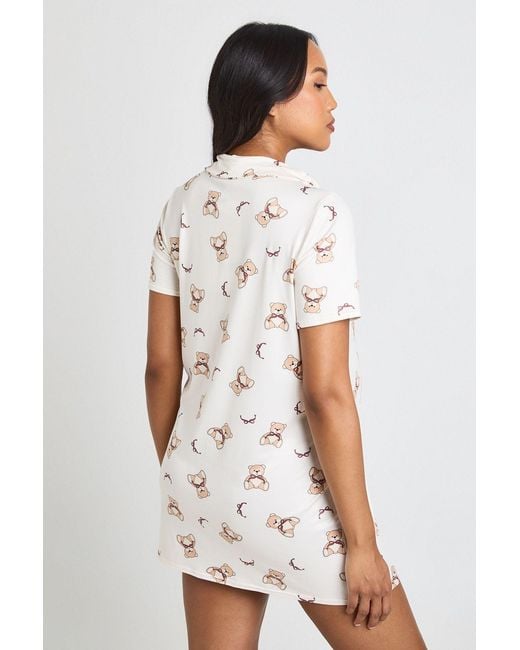 Boohoo White Maternity Bear Bow Print Button Through Collar Nightie