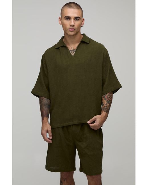 BoohooMAN Green Cheesecloth Oversized Half Sleeve V Neck Shirt & Relaxed Short Set for men