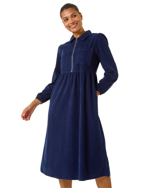 Roman Blue Corduroy Zip Detail Midi Dress