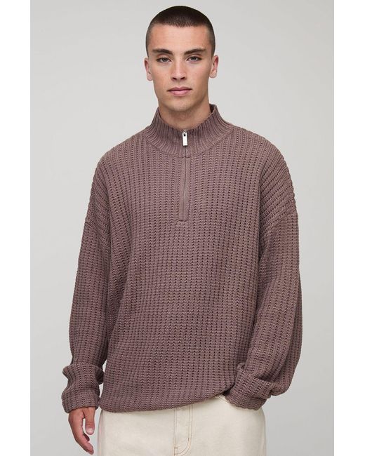 BoohooMAN Brown Oversized Boxy Fisherman Rib 1/4 Zip Knitted Jumper for men