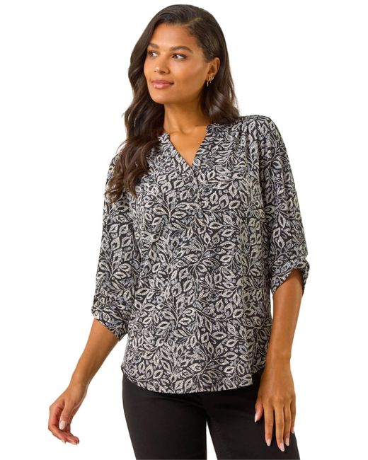 Roman Gray Leaf Print V-Neck Stretch Top