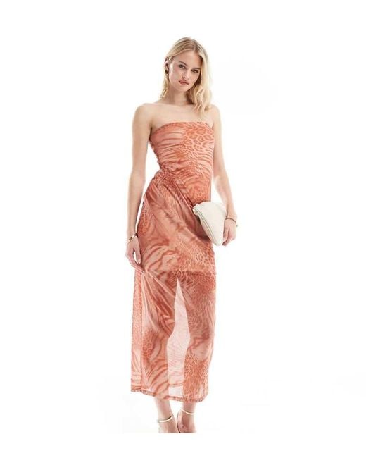 ASOS Pink Design Bandeau Midi Dress With Drape Mesh Bodice
