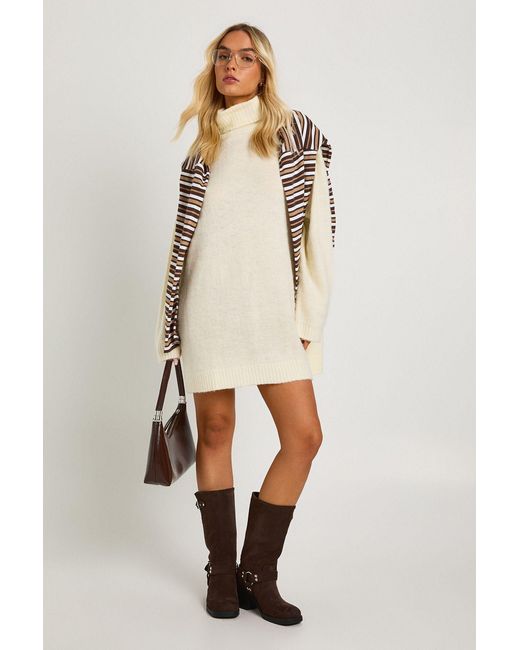 Boohoo Natural Super Soft Brushed Knit Roll Neck Mini Dress