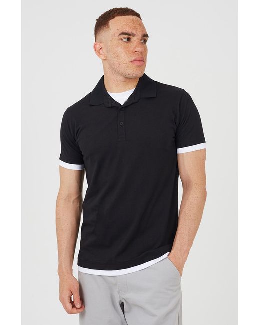 Brave Soul Black Cotton Mock Crew Neck Polo Shirt for men