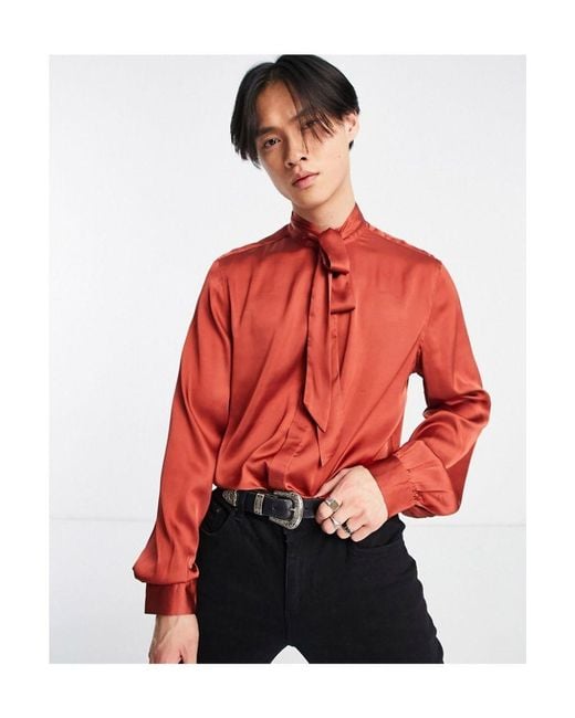 ASOS Red Satin Shirt With Tie Neck And Blouson Volume Sleeve for men
