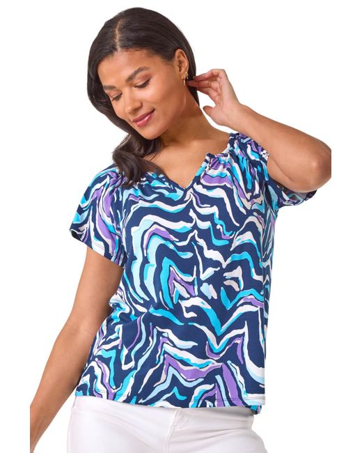 Roman Blue Abstract Print Stretch Tunic Top