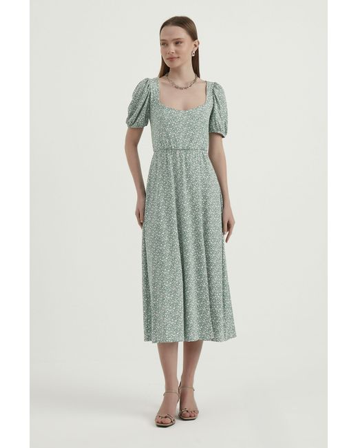 Hiccup Green Floral Scoop Neck Balloon Sleeves Midi Dress