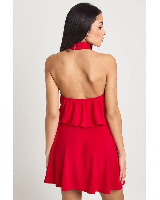 Boohoo Red Slinky Halterneck Backless Skater Dress