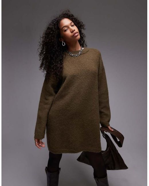 TOPSHOP Brown Knitted Fluffy Crew Oversized Dress