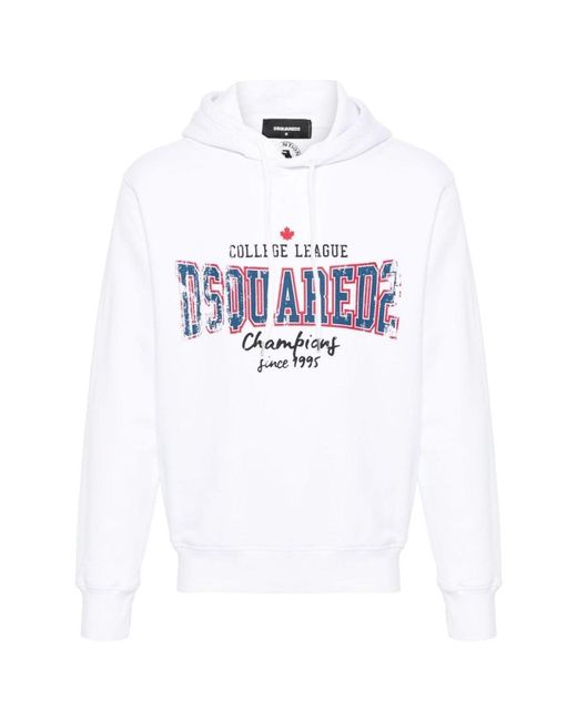 DSquared² White Cool Fit Faded College League Logo Hoodie Cotton for men