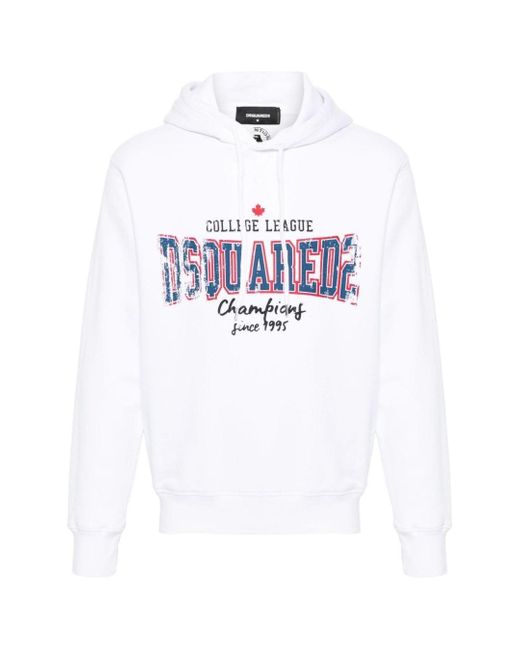 DSquared² White Cool Fit Faded College League Logo Hoodie Cotton for men
