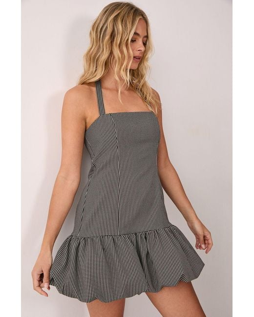 Nasty Gal Gray Premium Gingham Structured Puffball Bandeau Mini Dress