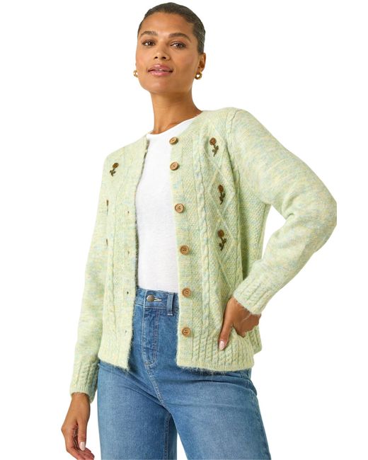 Roman Green Embroidered Floral Knit Cardigan