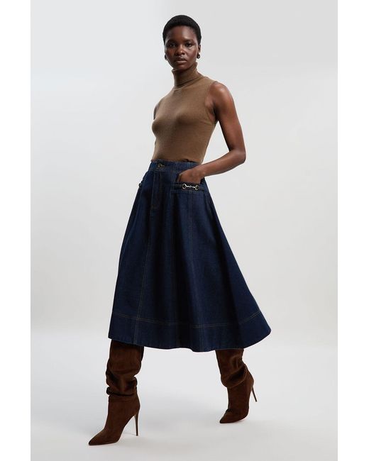 Karen Millen Blue Denim Snaffle Full Midi Skirt