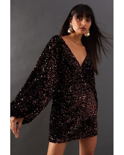 Warehouse Black Velvet Sequin Plunge Neck Batwing Mini Dress