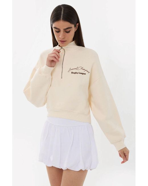 Hiccup White Printed Zipper Collar Sweatshirt