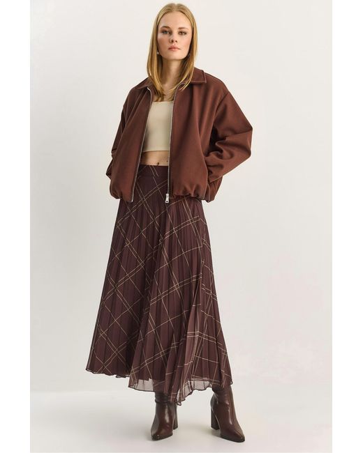 Bianco Lucci Brown High Waist Plaid Maxi Skirt