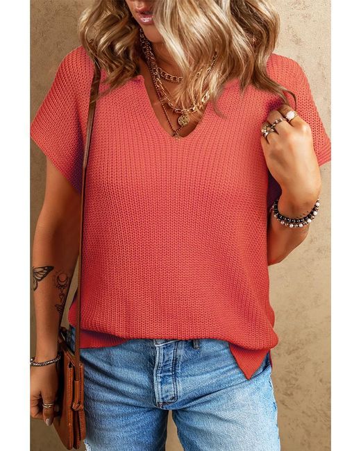 Azura Exchange Flamingo Effen Textuur Gebreide Notch V-hals Trui T-shirt in het Red