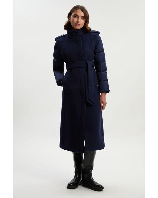 Karen Millen Blue Wool Hybrid Puffer High Neck Belted Midi Coat