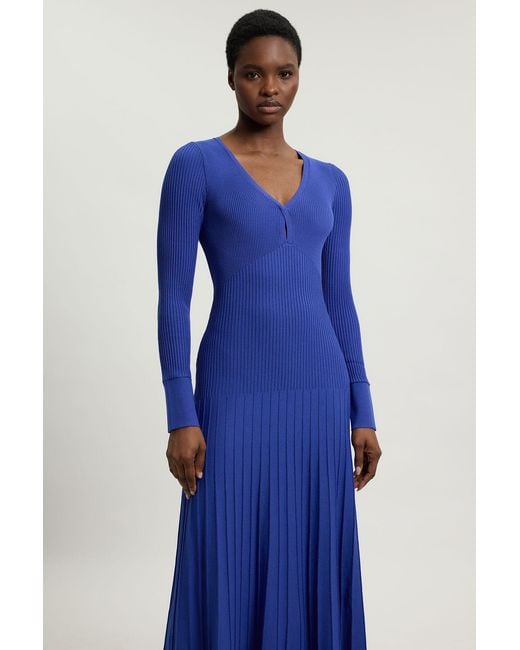Karen Millen Blue Knit Pointelle Stitch Detail Midi Dress