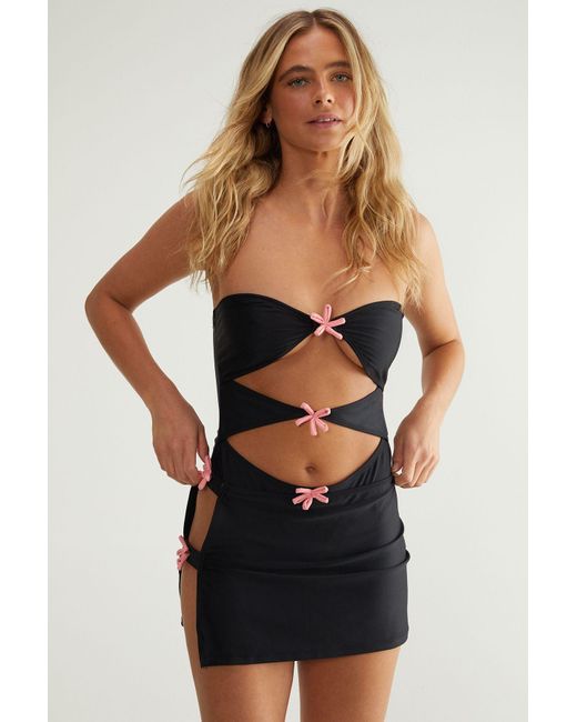 Nasty Gal Black 3D Flower Bandeau Cut Out Swimsuit & Skirt Set