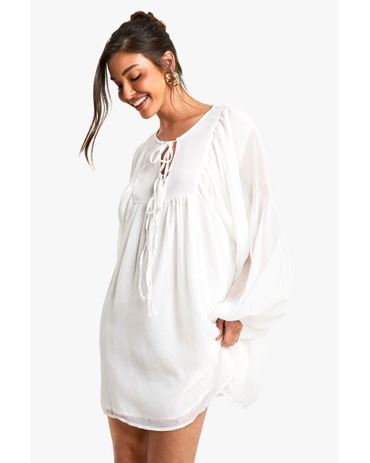 Boohoo White Crinkle Chiffon Smock Dress