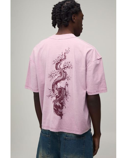 BoohooMAN Pink Washed Oversized Boxy Dragon Spine Print Exposed Seam T-Shirt for men