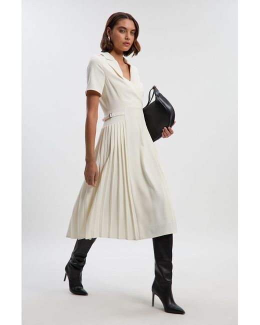Karen Millen Natural Tailored Crepe Pleated Midi Shirt Dress